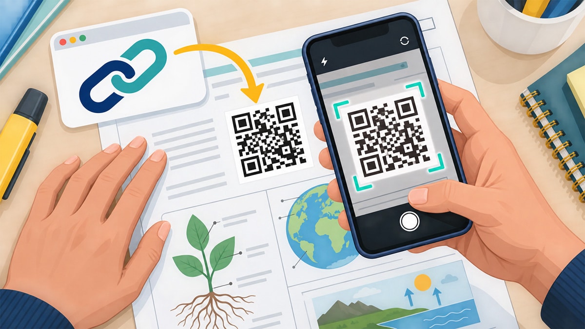 Hands using a smartphone to scan a QR code on a science worksheet featuring a water cycle diagram.