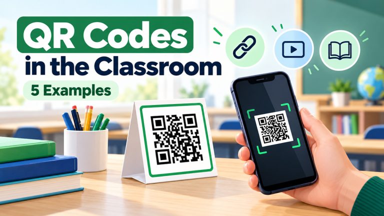 Hand holding a smartphone to scan a QR code on a classroom desk beneath icons for links, videos and reading.