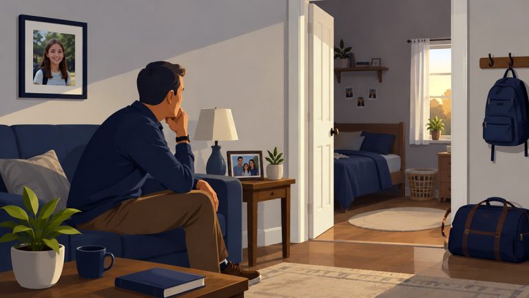 Father sitting in a quiet living room looking toward his daughter’s empty bedroom, with a backpack and travel bag nearby and family photos on display
