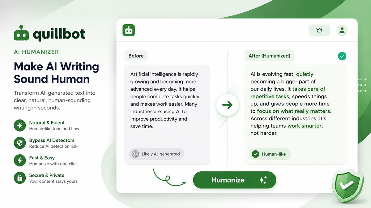 QuillBot-style AI humanizer interface showing AI-generated text converted into clearer humanized writing.