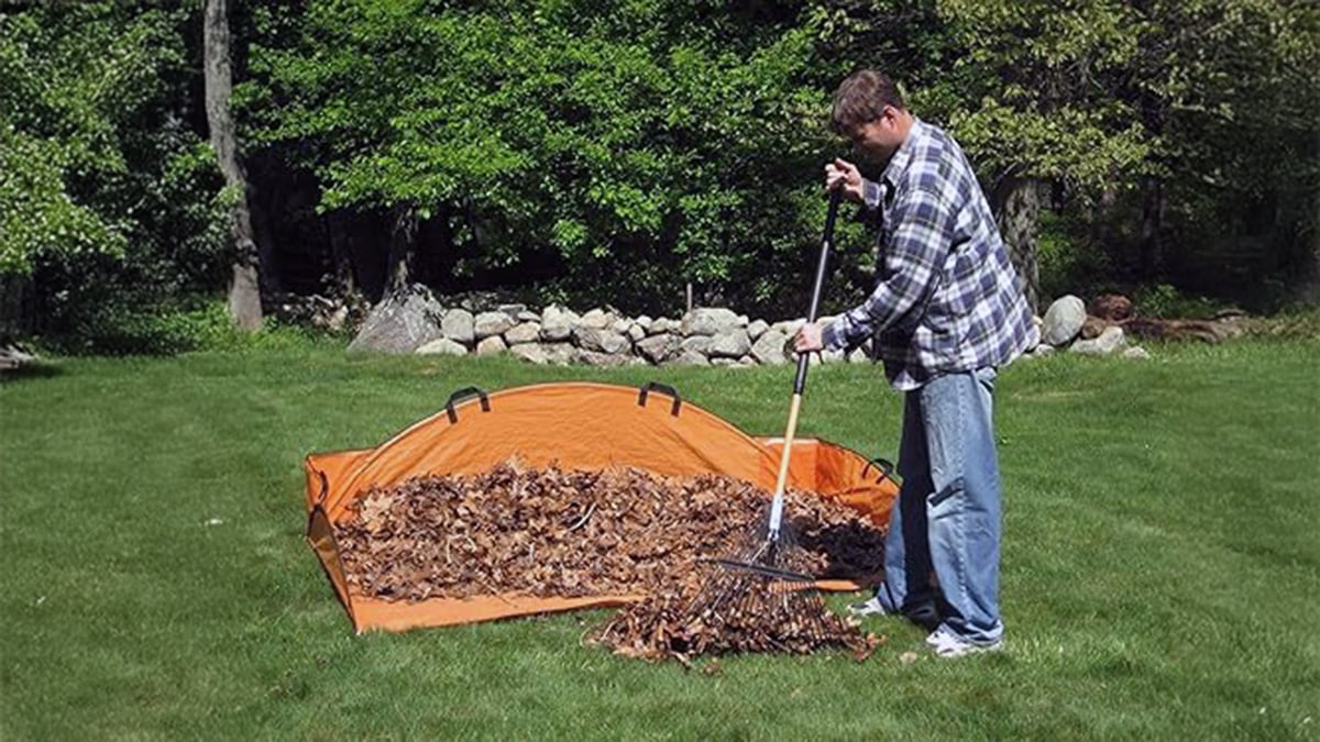 Raking leaves into tarp
