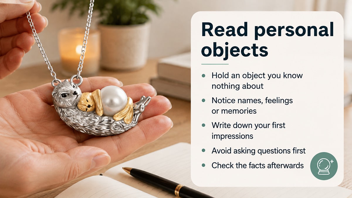 Hand holding a personal pendant beside instructions for practising psychic object readings