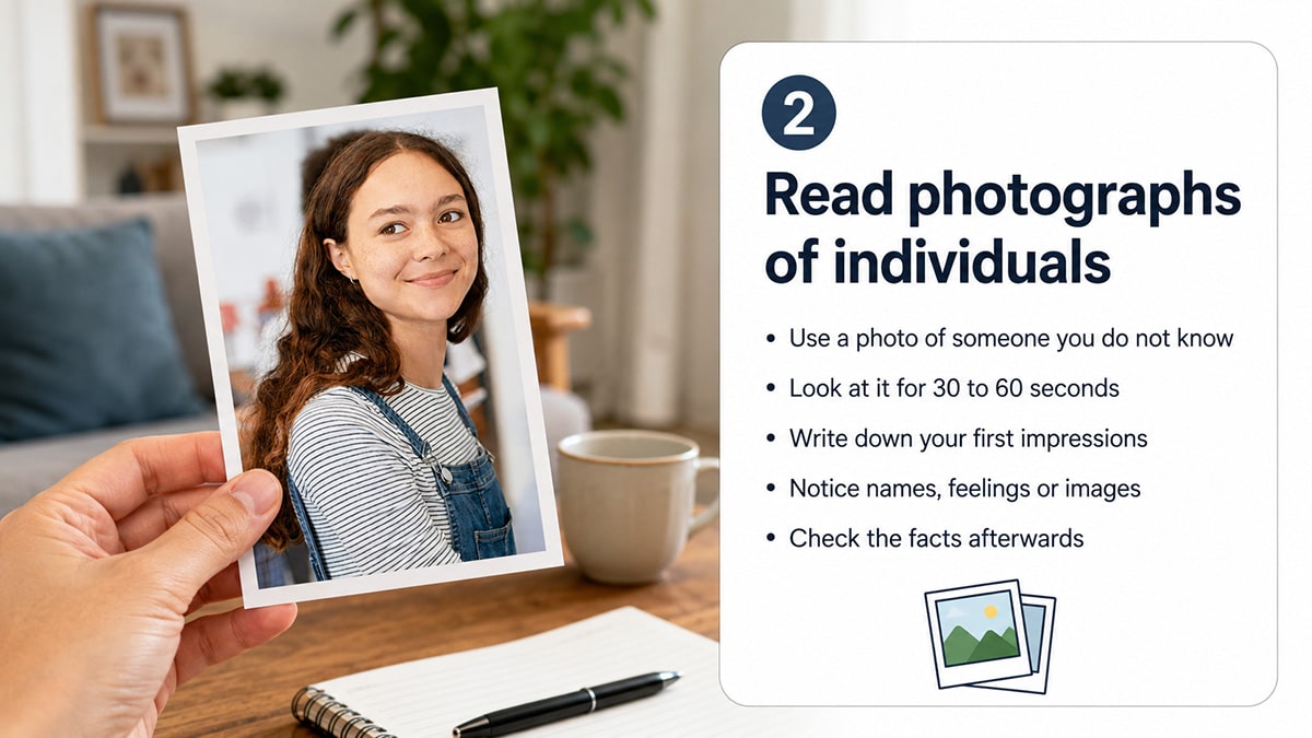 Hand holding a photograph of a young woman beside step-by-step instructions for practising psychic photo readings