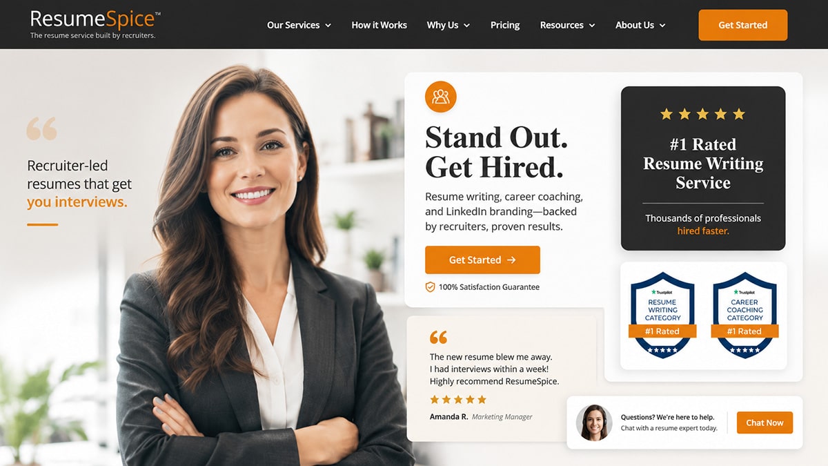 Stylised ResumeSpice homepage featuring recruiter-led resume writing, career coaching, client ratings, awards, and resume support.