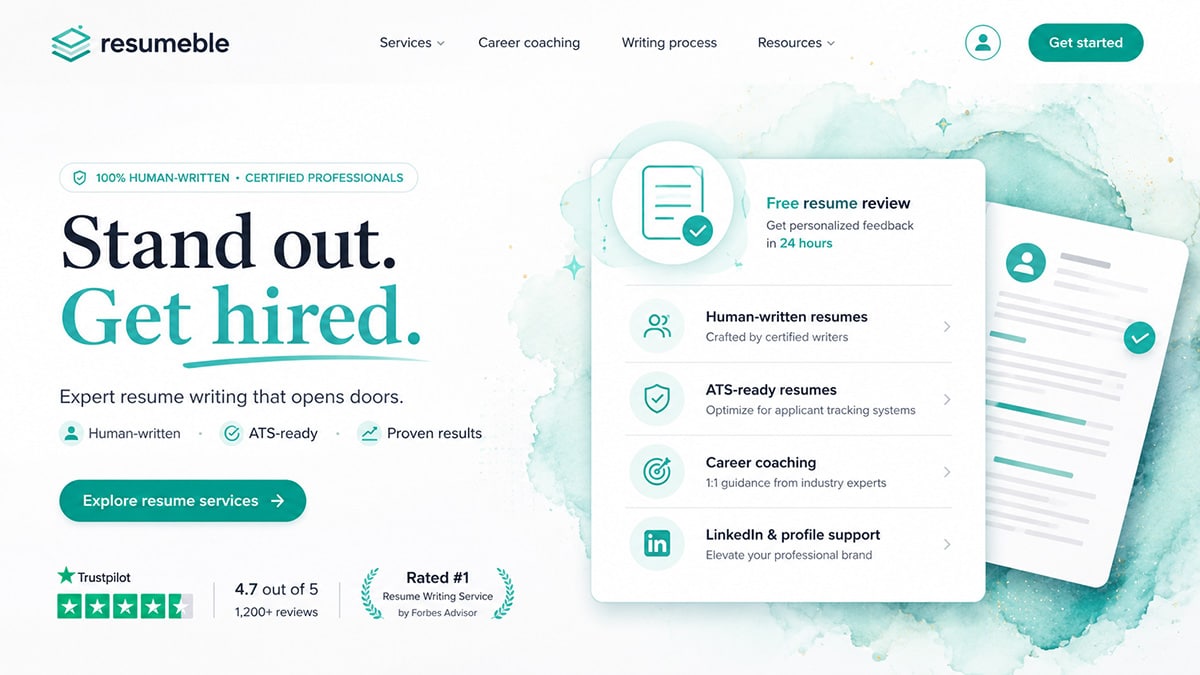 Stylised Resumeble homepage featuring human-written resume services, ATS-ready resume support, career coaching, and a free resume review.