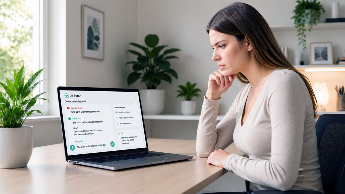 Woman reviewing AI corrections for a language-learning exercise on a laptop in a bright home office.
