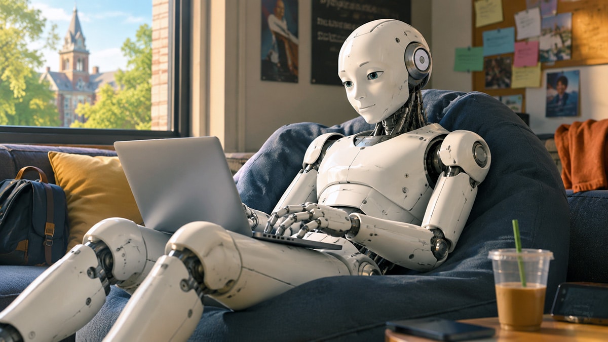 Relaxed humanoid robot writing an essay on a laptop in a college dorm