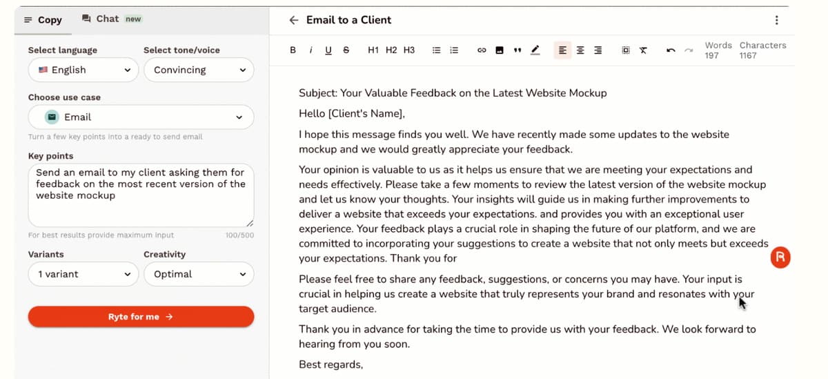 Rytr AI writing assistant interface showing a generated email draft