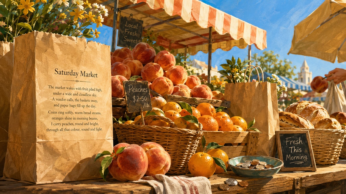 Artistic market stall scene for the poem Saturday Market, showing peaches, oranges, paper bags, awnings and poem text.