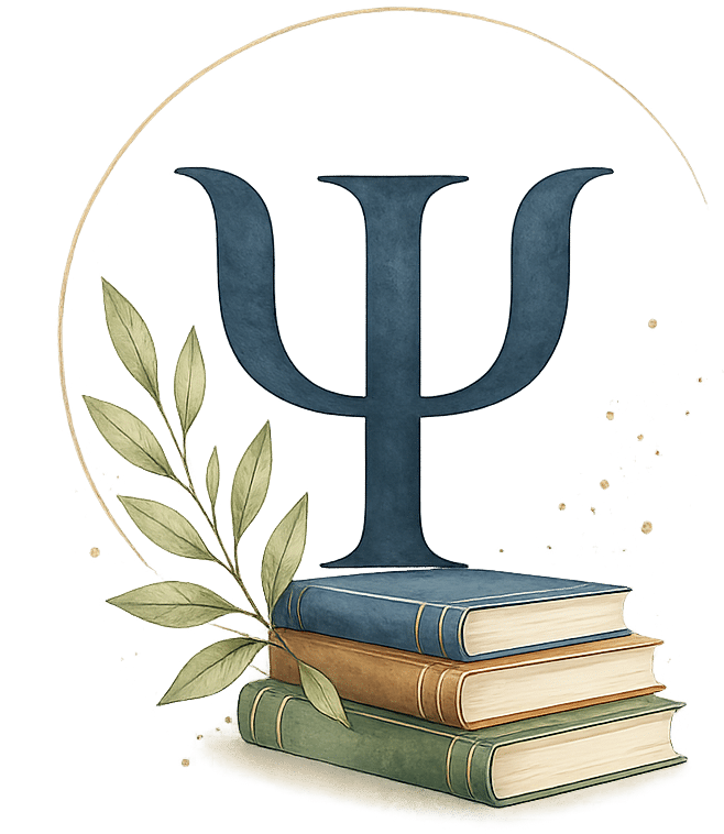 Transparent PNG of psi symbol with stacked books and green leaves, school psychology icon
