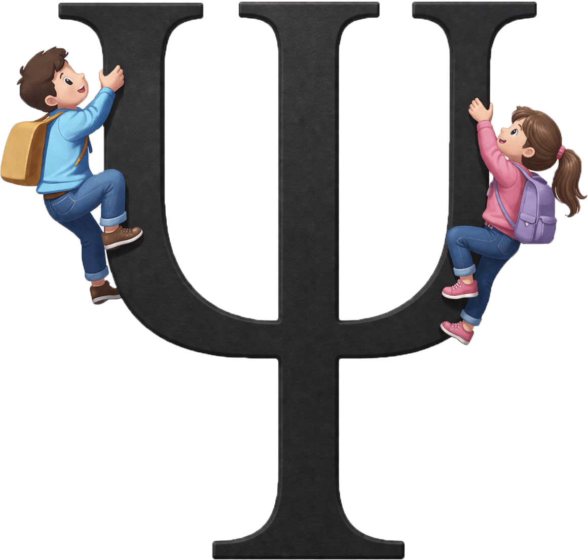 Century style psi symbol with a boy and girl climbing each side, representing school psychology