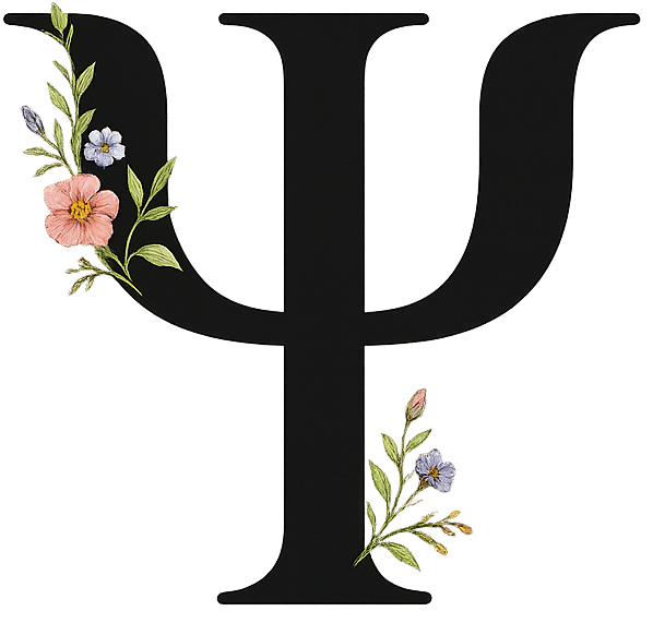 Transparent PNG of serif psi symbol with small watercolor flowers, minimal school psychology icon