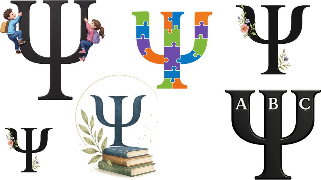 School psychology symbols showing psi designs with children, puzzle pieces, books, flowers, and ABC letters