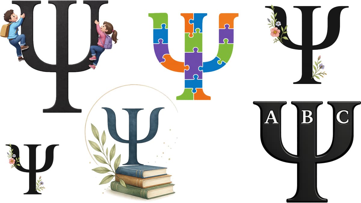 School psychology symbols showing psi designs with children, puzzle pieces, books, flowers, and ABC letters