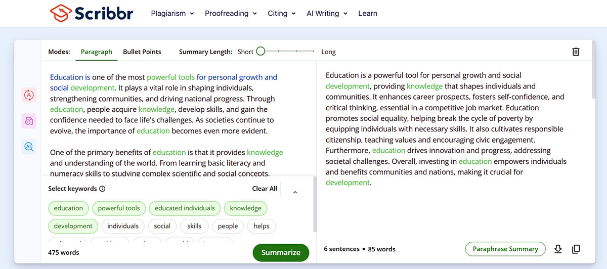 Screenshot of the Scribbr text summarizer showing entered text, selectable keywords, and a generated paragraph summary.