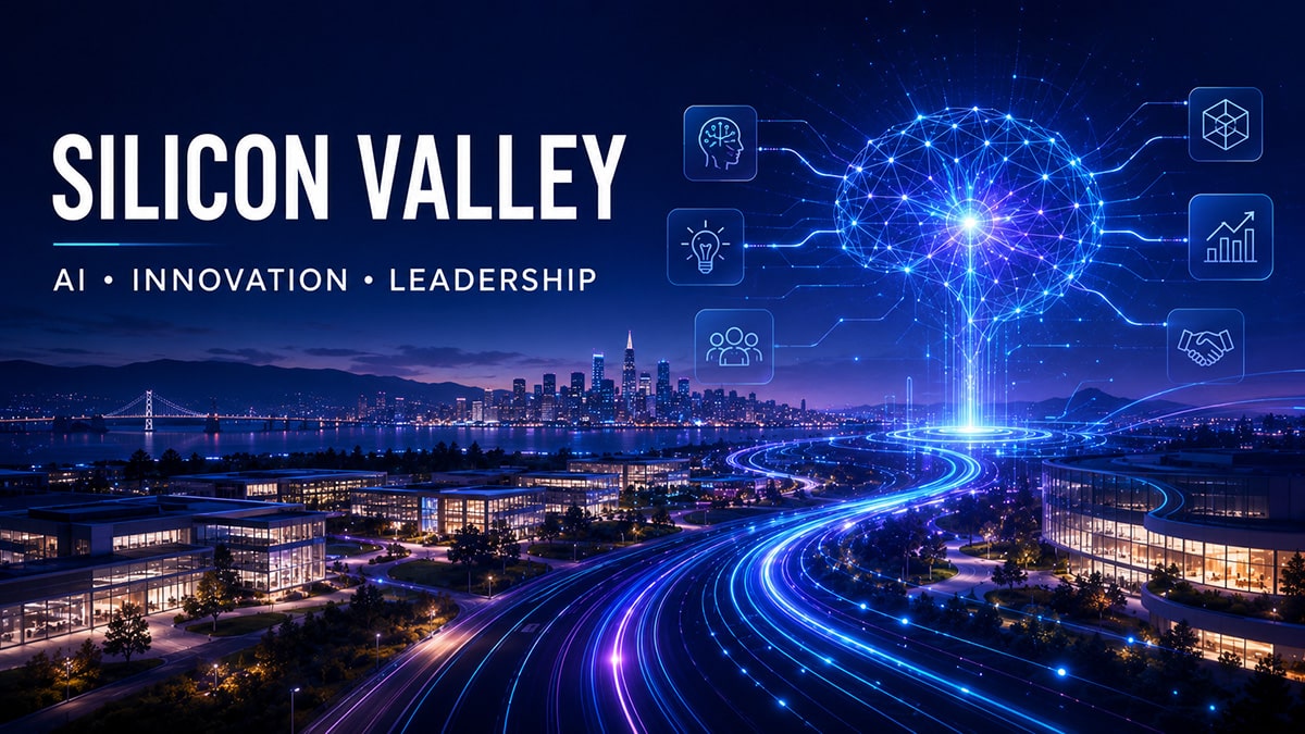 Stylized Silicon Valley skyline featuring an AI network, innovation icons and technology light trails.