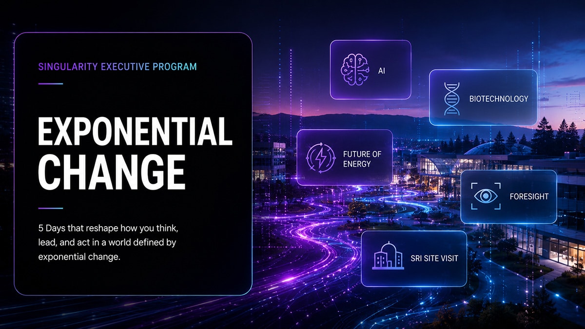 Stylized Singularity Executive Program landing page featuring AI, biotechnology, energy, foresight and an SRI site visit.
