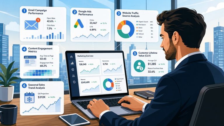 Marketing analyst reviewing six business strategies, including email, ads, traffic, engagement, customer value and seasonal sales data