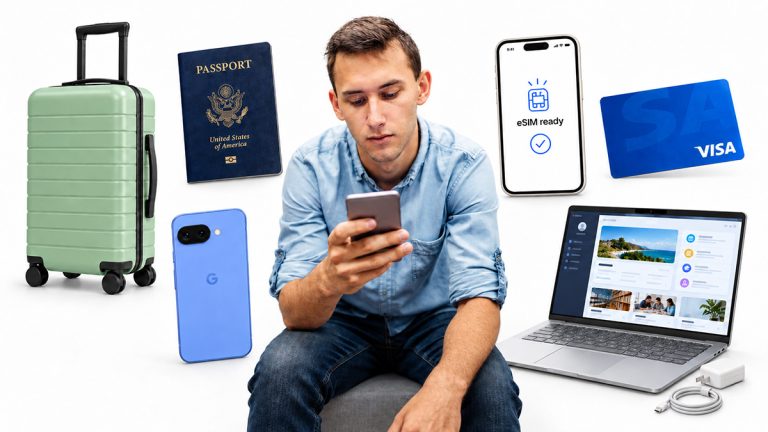 Student surrounded by a green travel case, US passport, smartphone, eSIM display, Visa card and laptop.
