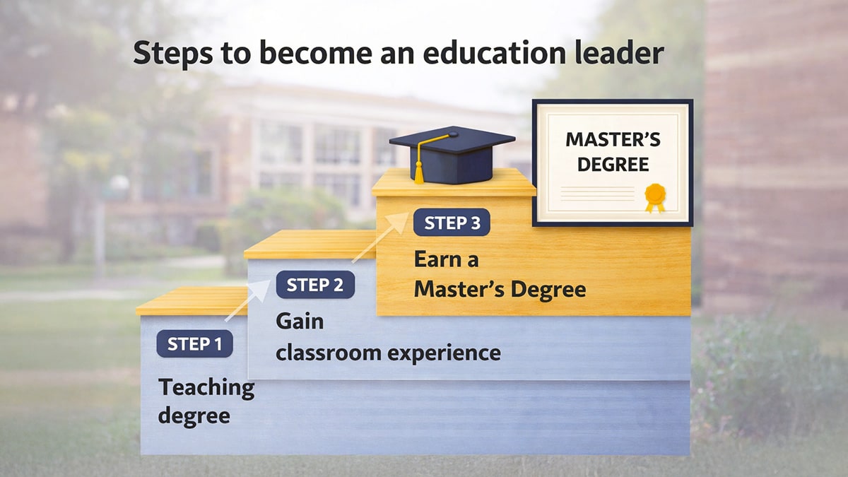 Three-step diagram showing teaching degree, classroom experience, and master’s degree as the pathway to becoming an education leader