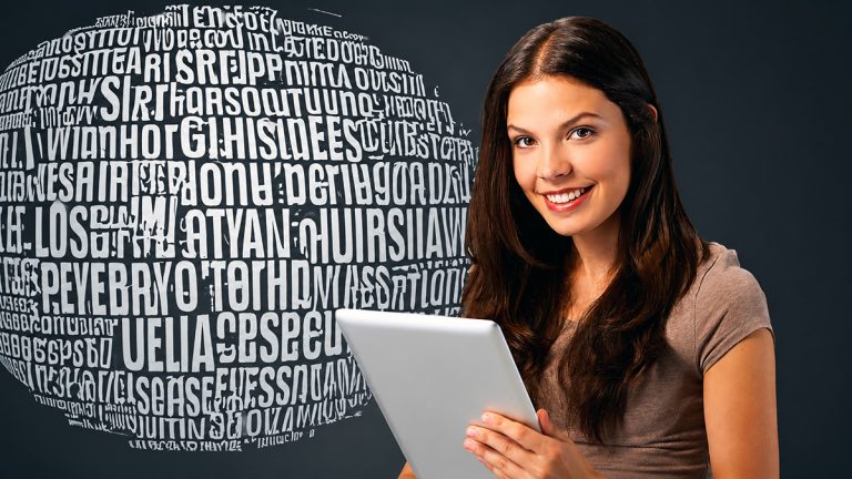 Female college student holding a tablet beside a swirling globe of words representing plagiarism detection and originality checking.