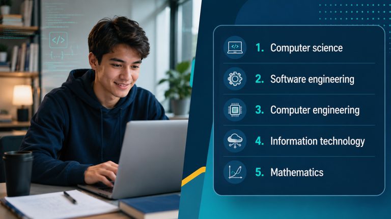 Student working on a laptop beside a ranked list of computer science, software engineering, computer engineering, IT and mathematics degrees.
