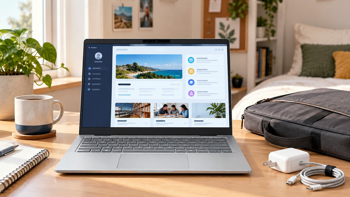Silver laptop on a student desk with a slim laptop bag and charger beside it.