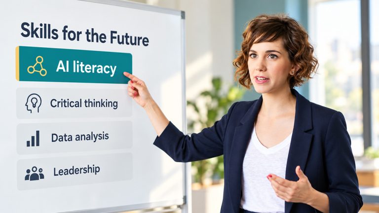 Woman presenting future professional skills on a whiteboard, highlighting AI literacy above critical thinking, data analysis and leadership.