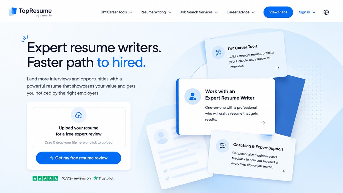 Stylised TopResume homepage featuring expert resume writers, free resume review, DIY career tools, coaching, and job search support.