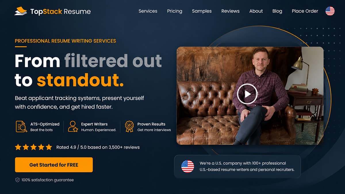 Stylised TopStack Resume homepage featuring professional resume writing, ATS support, customer ratings, and U.S.-based resume writers.