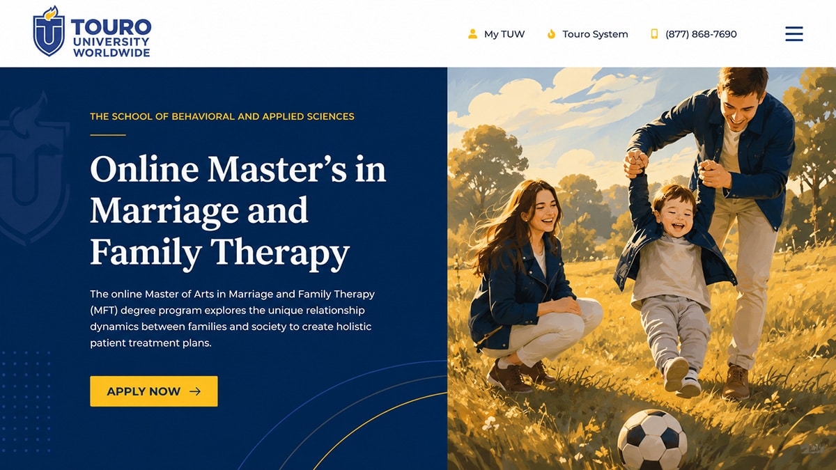 Stylised Touro University Worldwide online Marriage and Family Therapy program page with a family playing outdoors.