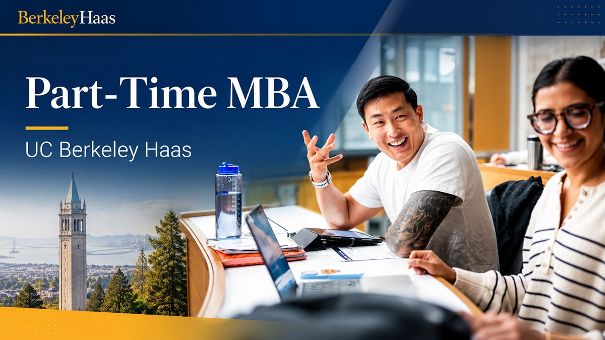 UC Berkeley Haas part-time MBA graphic featuring students in class, the Campanile and Berkeley campus scenery.