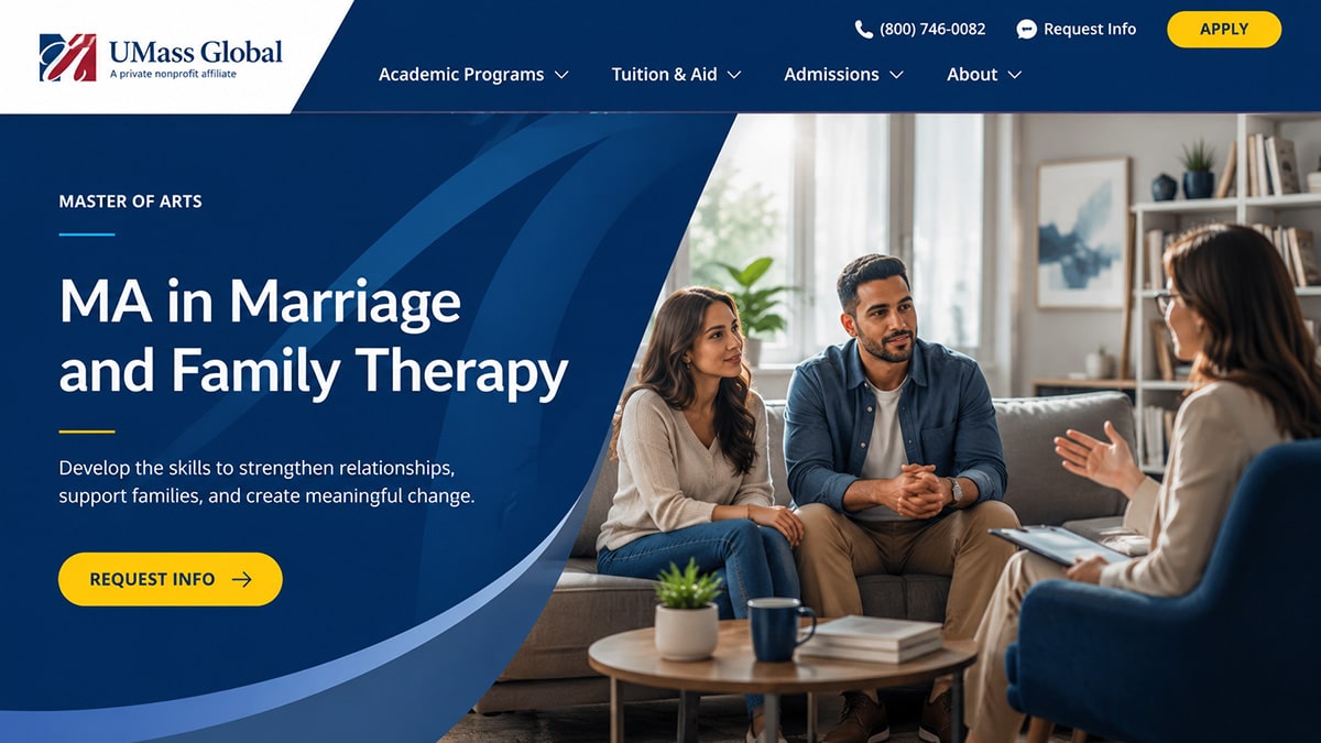 Stylised UMass Global MFT program page showing a therapist meeting with a couple in a bright counselling room.