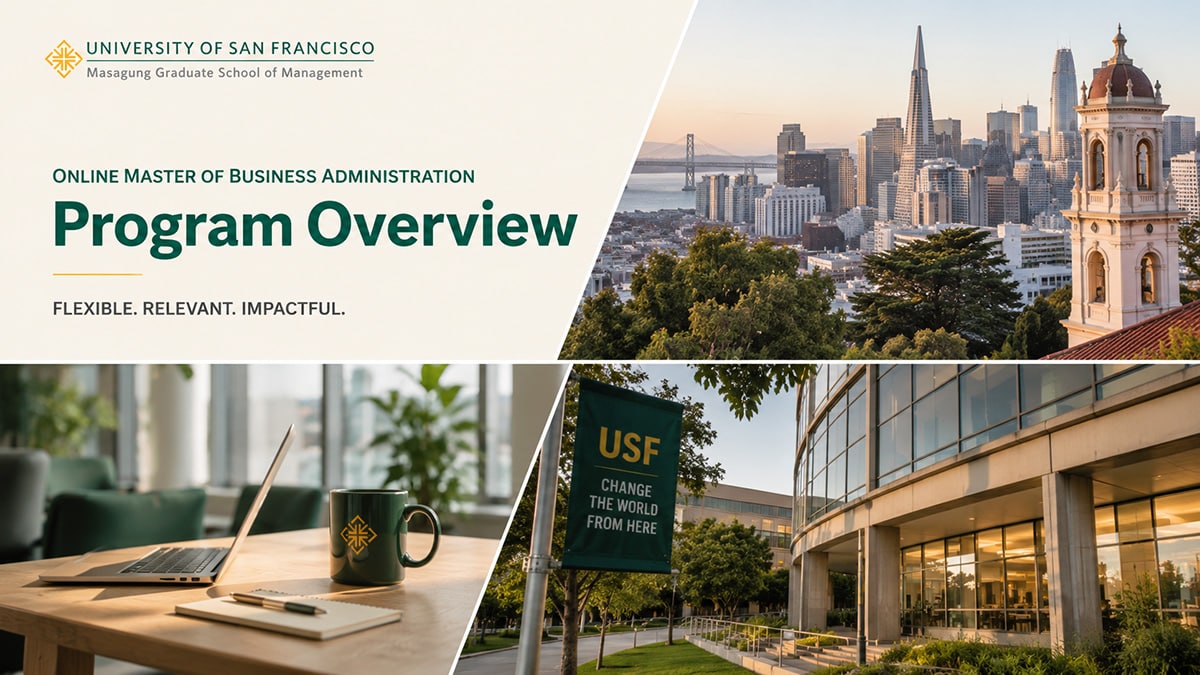 University of San Francisco online MBA graphic featuring the San Francisco skyline, university campus and a laptop workspace.