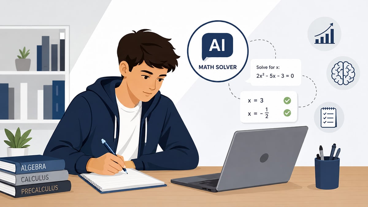 Student uses an AI math solver on a laptop while working through algebra problems in a notebook.
