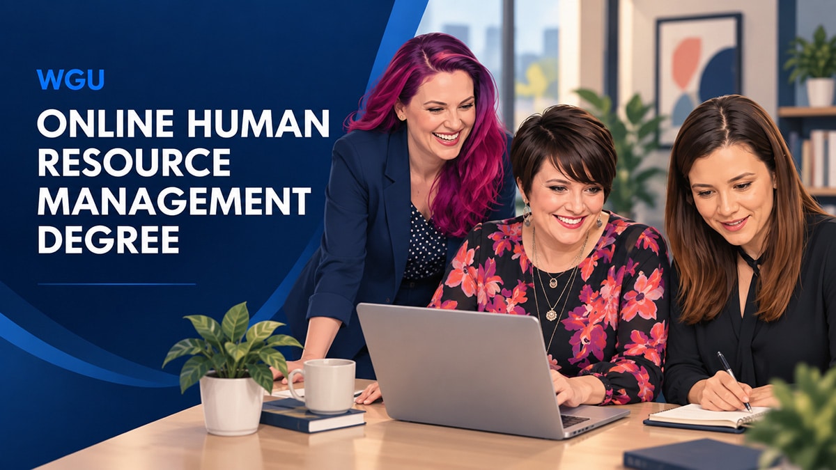 WGU online Human Resource Management degree with three professionals collaborating around a laptop