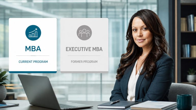Professional woman beside panels comparing Walden University’s current MBA and former Executive MBA
