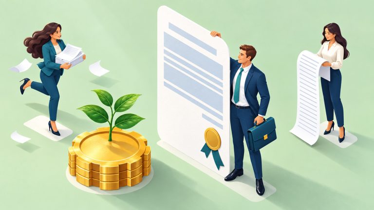 Business professionals with a degree certificate, workplace documents, gold coins and a growing plant