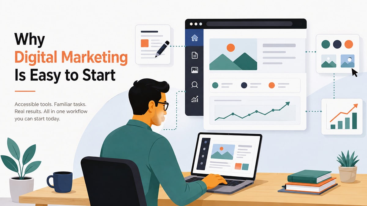 Beginner using browser-based tools for content creation, branding, search marketing, and performance tracking