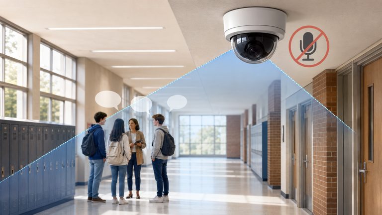 School security camera recording video in a corridor while its microphone is disabled