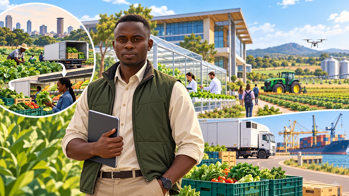Kenyan agribusiness student at an Australian university campus featuring farms, research facilities and produce supply chains