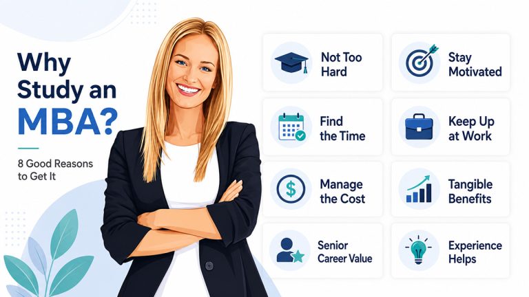 Vector illustration of a professional woman beside eight reasons to study an MBA, including career value, affordability and flexibility.