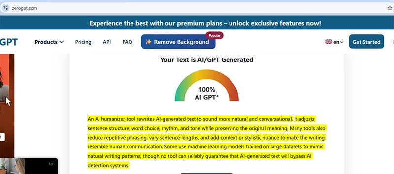 ZeroGPT rating of AI generated text