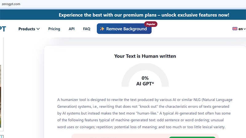 ZeroGPT rating of Rephrasy humanized text and ChatGPT edited text