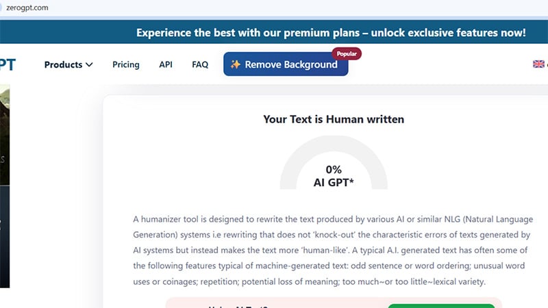 ZeroGPT rating of Rephrasy humanized text