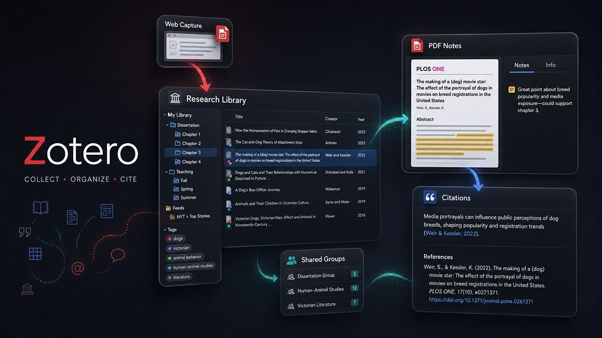 Zotero research workflow showing web capture, an organized source library, PDF notes, shared groups and formatted citations
