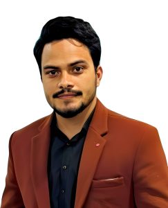 Portrait of Atif Shahzad wearing a red blazer and black shirt.