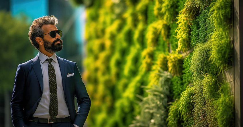 Businessman in sunglasses looking at plant wall