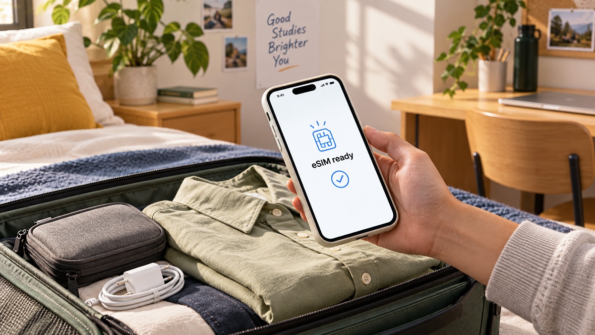 Man packing luggage holds a phone with eSim activating