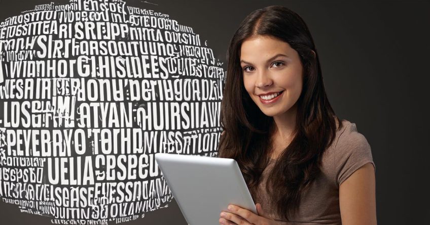 Female college student with tablet and swirling words in background